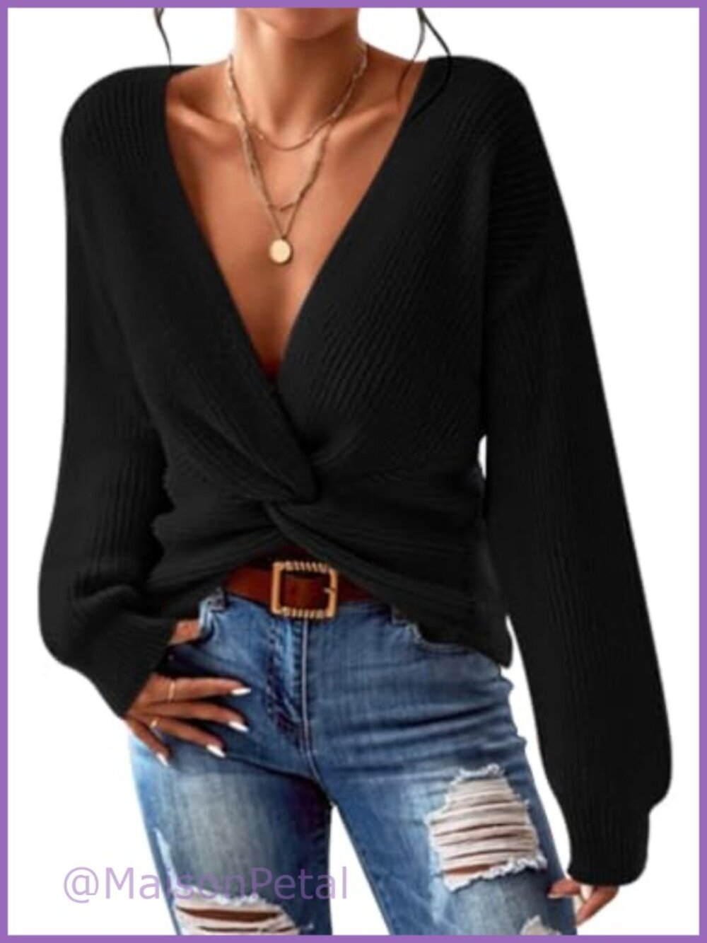 Women's Deep V Neck Twist Front Cropped Knit Sweater Pullover